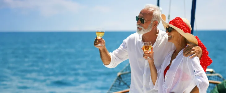Closeup side view of mid 60's couple enjoying a sailing cruise during summer vacation at seaside